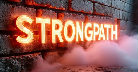 Aufkleber - Bright neon sign spells STRONGPATH against textured brick wall. Smoke drifts across floor, creating dramatic effect.