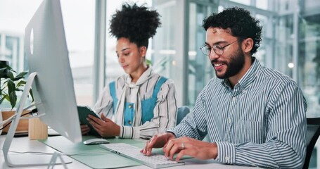 Aufkleber - Typing, team and business man on computer for news source, fact checking and review. Writing, tablet and planning with happy journalist for coworking, creative article and story approval in office