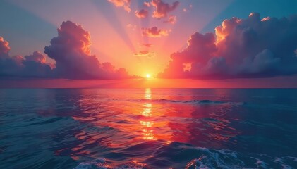 Wall Mural - Spectacular sunset over a tranquil ocean, vibrant colors reflecting on the water , horizon, twilight, picturesque
