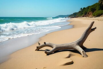 Wall Mural - Sun-bleached driftwood on sandy beach, waves crashing, white, driftwood