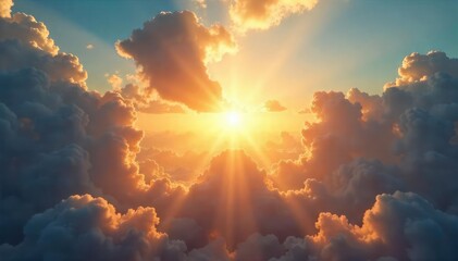 Wall Mural - Sunburst through clouds, radiant golden light, calm, heaven, sky