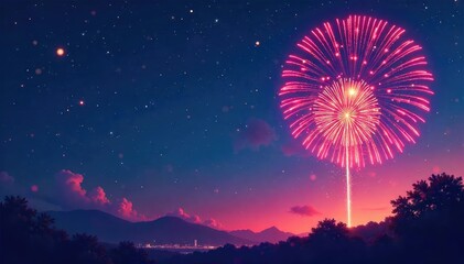 Wall Mural - Vibrant fireworks burst against a night sky, vector illustration , black, graphic design