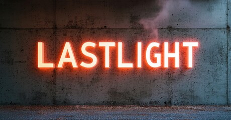 Poster - Concrete wall displays bright neon text. Smoke rises subtly near corner. Dark asphalt foreground suggests urban setting. Dramatic lighting creates mood.