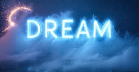 Aufkleber - Bright neon sign spells dream amid swirling blue smoke. Pink light accents left side, dark background dominates image.