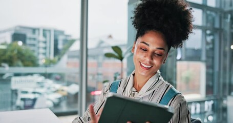 Aufkleber - Office, reading and woman with tablet, computer and web designer with tech, think and visual design. Business, employee and person with app for project, planning and brand identity on social media