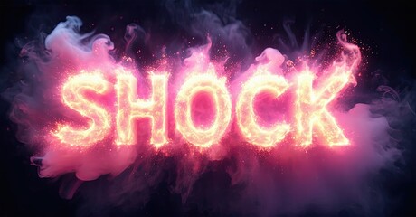 Aufkleber - Bright pink SHOCK text glows amidst purple smoke. Dramatic lighting creates intense visual impact. Bold typography dominates dark background.
