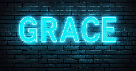 Aufkleber - Bright neon sign spells GRACE against dark brick wall. Vivid blue illumination creates striking visual impact. Simple, bold lettering.
