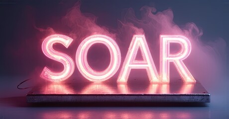 Aufkleber - Bright neon sign spells SOAR. Pink glow emanates from letters, resting on dark surface amid smoke. Dramatic lighting creates mood.