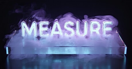 Poster - Bright neon sign spells MEASURE. Purple smoke surrounds glowing acrylic base. Dark background creates dramatic effect. Minimalist presentation.