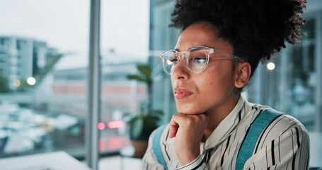 Aufkleber - Glasses, computer and thinking with business woman in office for web design, ui planning and research. Front end developer, cad software and online project with person in digital agency for startup
