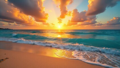 Wall Mural - Golden sand meets turquoise sea, vibrant sunset , coastal, sunset, tropical