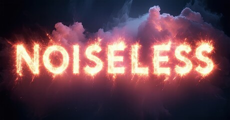 Aufkleber - Fiery text spells NOISELESS against dramatic sky. Clouds glow with intense orange, pink hues. Powerful visual impact.