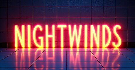 Aufkleber - Bright neon sign spells NIGHTWINDS. Reflective floor mimics text. Dark background creates dramatic effect. Retro aesthetic.