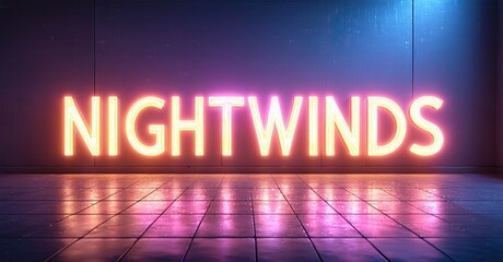 Aufkleber - Bright neon sign spells NIGHTWINDS. Dark room features tiled floor reflecting vibrant pink, orange hues. Minimalist aesthetic.