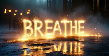 Aufkleber - Bright word breathe created using sparks on wet pavement. Dark background with blurred lights suggests nighttime urban setting. Dramatic illumination.