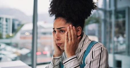 Poster - Business woman, stress or office with headache for overworked, strain or mental health. Tired, female person or migraine with mistake or anxiety in burnout fatigue, depression or fail at workplace