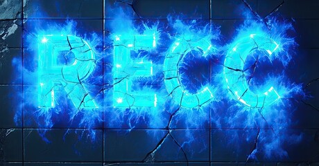 Aufkleber - Bright blue RECC text glows amidst cracked stone tiles. Energy radiates outward, creating dramatic visual effect. Dark background emphasizes luminosity.