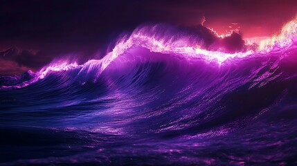 Wall Mural - a glowing neon purple wave cresting over a dark horizon glowing brightly with intense light reflecti