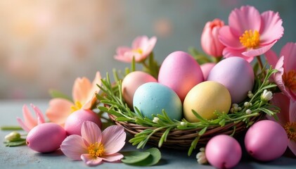 Wall Mural - Vibrant pastel eggs nestled in a spring floral arrangement , easter eggs, decoration, daffodils