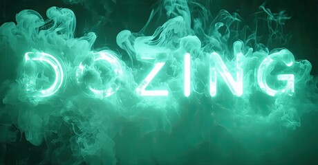 Poster - Bright neon text spells DOZING amid swirling turquoise smoke. Dramatic lighting creates intense visual impact. Dark background enhances glow.