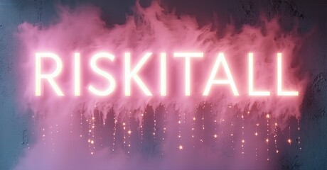 Aufkleber - Bright pink neon sign spells RISKITALL. Smoke effects create dramatic visual impact. Dark background emphasizes glowing text.