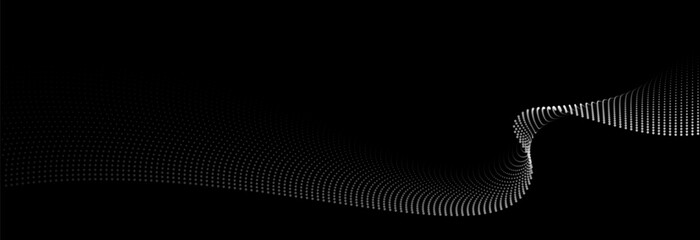 Poster - Flowing dots particles wave pattern white light gradient smooth curve shape isolated on black background. Vector in concept of technology, science, music, modern.