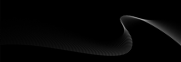 Poster - Flowing dots particles wave pattern white light gradient smooth curve shape isolated on black background. Vector in concept of technology, science, music, modern.