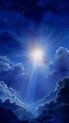 Wall Mural - Radiant light beams down through fluffy blue clouds illuminating a night sky full of sparkling stars with heavenly aesthetic art