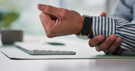 Poster - Business person, hands or typing with wrist pain for injury or carpal tunnel syndrome at office. Keyboard, employee or journalist with sore arm, ache or discomfort with muscle tension, strain or desk