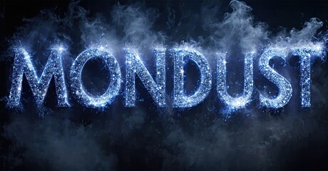 Poster - Bright text spells MONDUST with glowing particles, smoke effects, dark background. Dramatic lighting creates ethereal feel.
