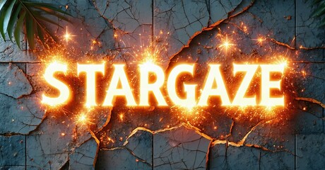 Aufkleber - Dramatic text STARGAZE emerges from cracked stone wall. Sparks radiate, foliage visible. Intense lighting creates striking visual impact.
