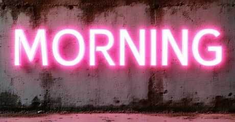 Aufkleber - Pink neon sign spells MORNING against textured concrete wall. Dark background emphasizes bright illumination, creating bold visual impact.