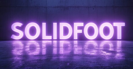 Aufkleber - Bright purple neon sign spells SOLIDFOOT reflecting on polished floor. Dark concrete walls provide backdrop. Minimalist design.