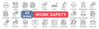 © BAMBANG G - work safety icon collection set. Containing PPE,training,compliance,regulation,awareness,accident prevention,safety gear,workplace hazards,emergency plan icon. Simple line vector.