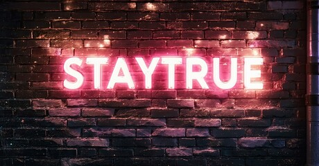 Aufkleber - Bright pink neon sign spells STAYTRUE against dark brick wall. Dramatic lighting creates moody atmosphere. Simple, impactful message.