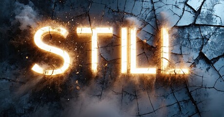 Aufkleber - Dramatic image shows word STILL glowing through cracked surface. Dark background emphasizes intense visual effect.