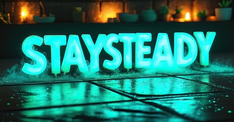 Aufkleber - Neon sign displays STAYSTEADY. Wet surface reflects light, creating vibrant glow. Background shows blurred warm lights, plants.