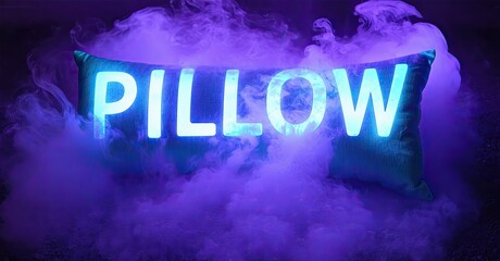 Aufkleber - Bright neon sign spells PILLOW against dark background. Purple smoke surrounds glowing text, creating dramatic effect.