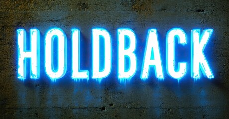 Poster - Bright neon sign spells HOLD BACK against textured dark concrete wall. Dramatic lighting creates strong visual impact.