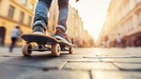 Close-up view of skateboard wheels and feet in motion, capturing dynamic techniques on urban surfaces in a stylish skatepark atmosphere