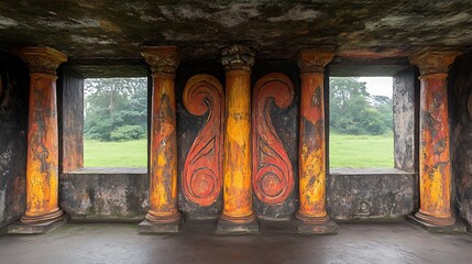 ornate pavilion structure with carved columns overlooking a lush green landscape