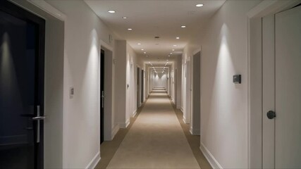 Poster - Modern hallway and corridor ambiance with simple design, neutral colors, and soft lighting for calm, modern space