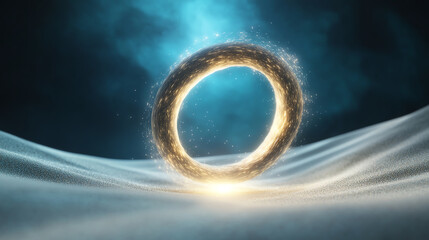 Poster - A luminous ring floats above a glowing surface, creating a mystical and enchanting atmosphere. Ideal for digital art and design.