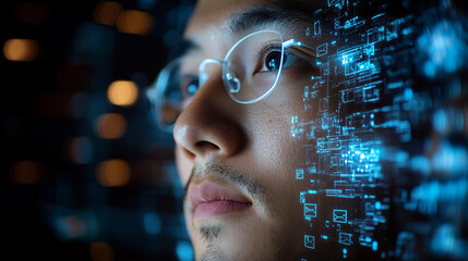 An Asian coder s gaze lost in the digital realm merging humanity with code and innovation under a dramatic cool toned