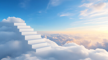 Fototapete - A surreal image of white stairs rising through soft clouds in a bright blue sky, symbolizing ascent and hope.