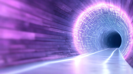 Poster - A vibrant, illuminated tunnel showcasing purple hues, evoking a sense of futurism and digital exploration with dynamic light effects.
