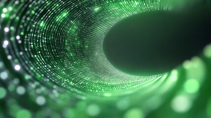 Poster - Abstract green tunnel of light particles showcasing depth and motion, perfect for technology or digital art themes.