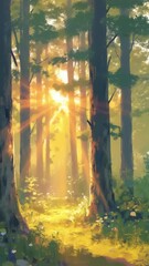 Poster - Sunrise in the forest with many rays of light