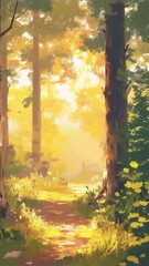 Poster - Sunrise in the forest with many rays of light