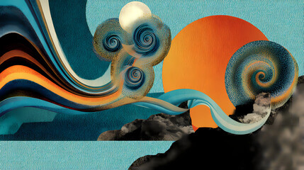 Wall Mural - concept piece for design magazine | emotional patterning | contemplative flow | sunset gradient | biocentric vortex | chromatic waves | organic curls | freeform linework | symbolic abstraction |